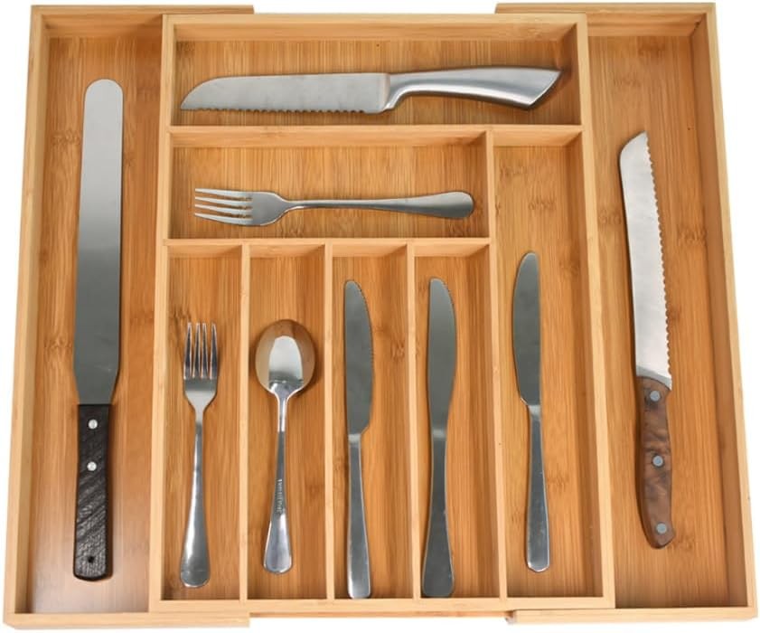 Bamboo Kitchen Drawer Organizer: Expandable Tray, Adjustable Natural