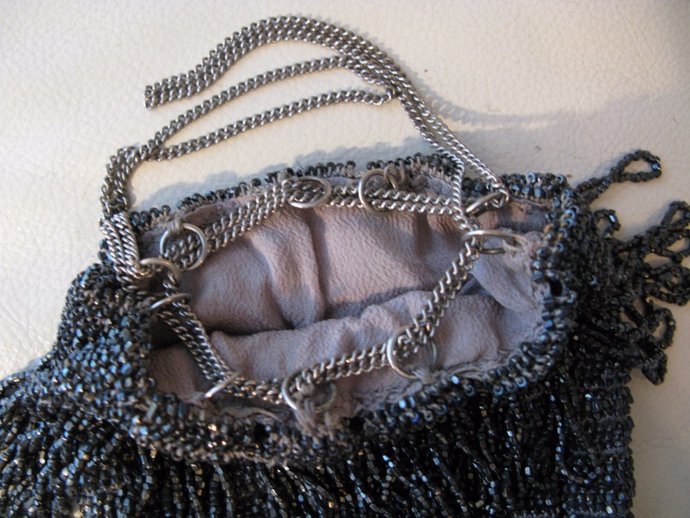 Antique Art Deco Crochet Silver Grey Bead Lined Chain Drawstring Flapper Purse