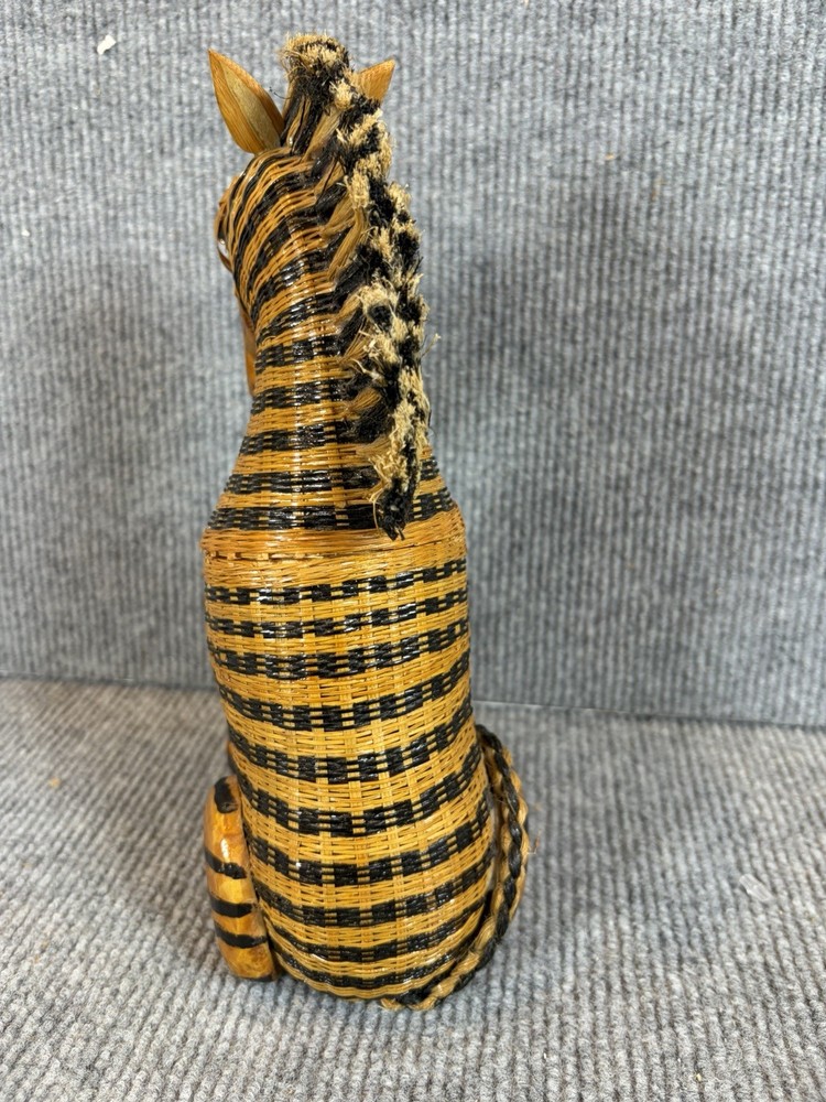 Vintage Chinese Handmade Woven Wicker Zebra 9” Trinket Storage Basket