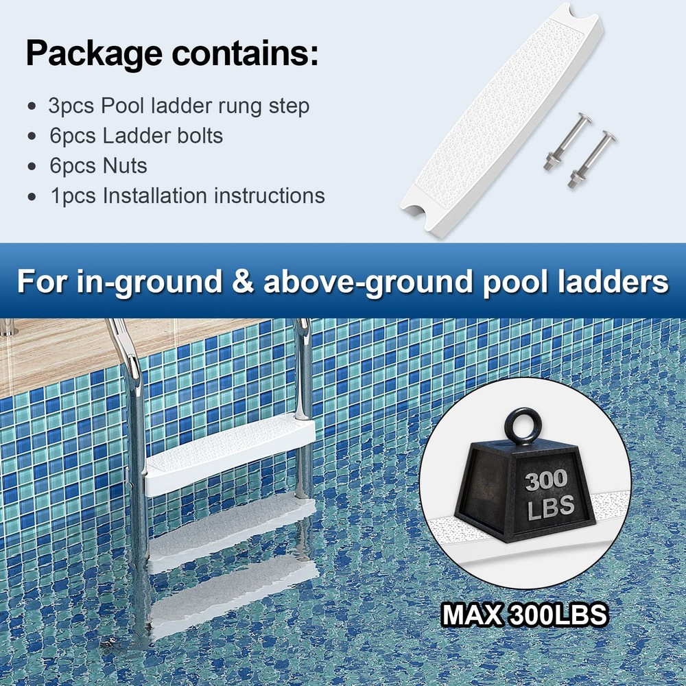 Pool Ladder Steps Replacement, (3-Pack) 18" Universal Heavy-Duty Molded Plast...