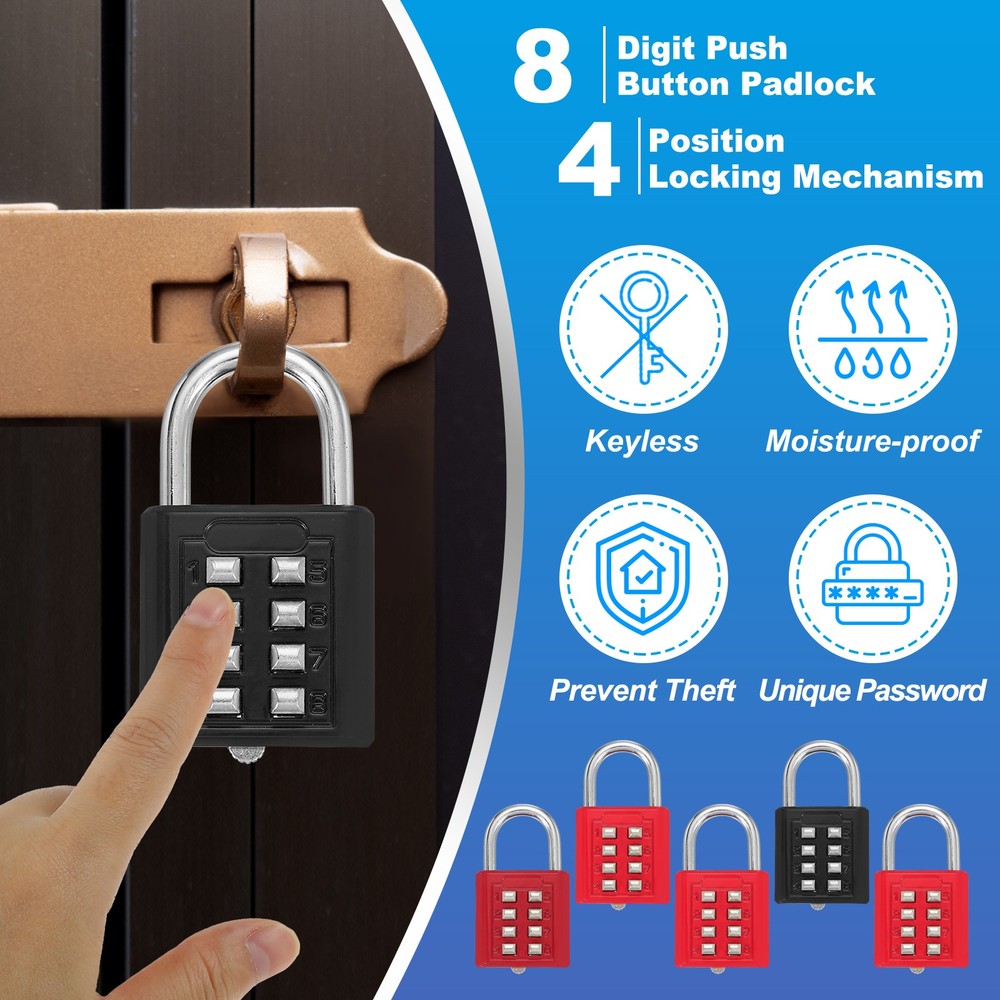 Push Button Combination Padlock 8-Digit 4-Position Lock Black