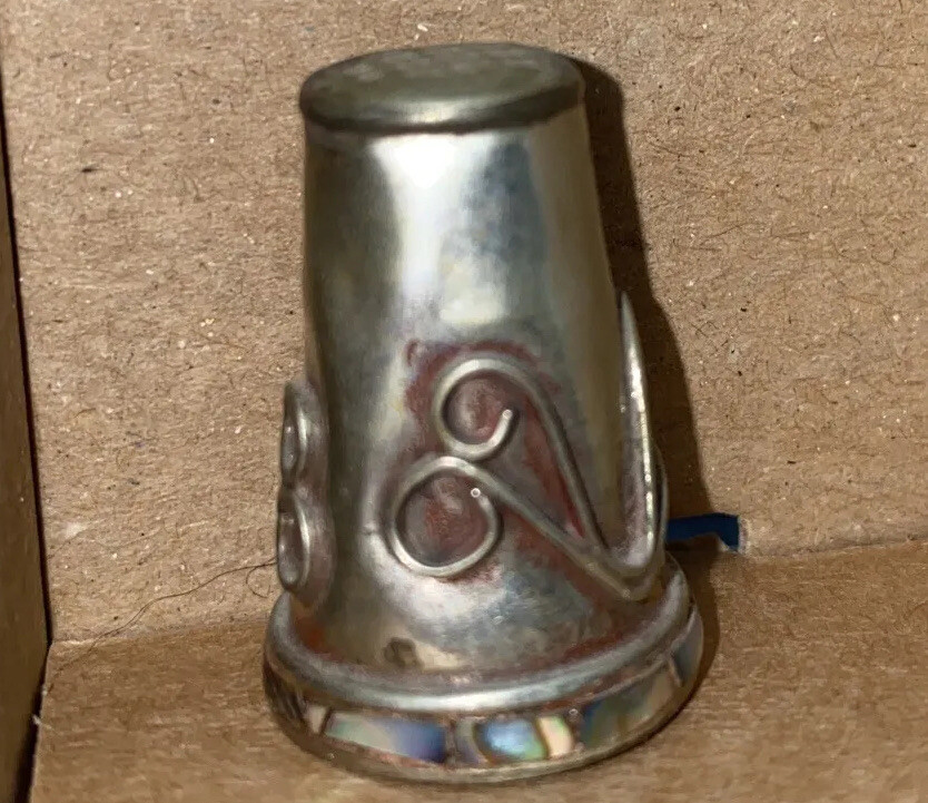 Vintage Mexico Thimble Silver Ornate Wire Abalone Trim