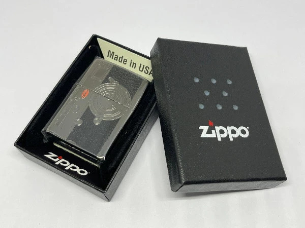 Zippo Camera Black Nickel Etching Engraving Black leather-effect print