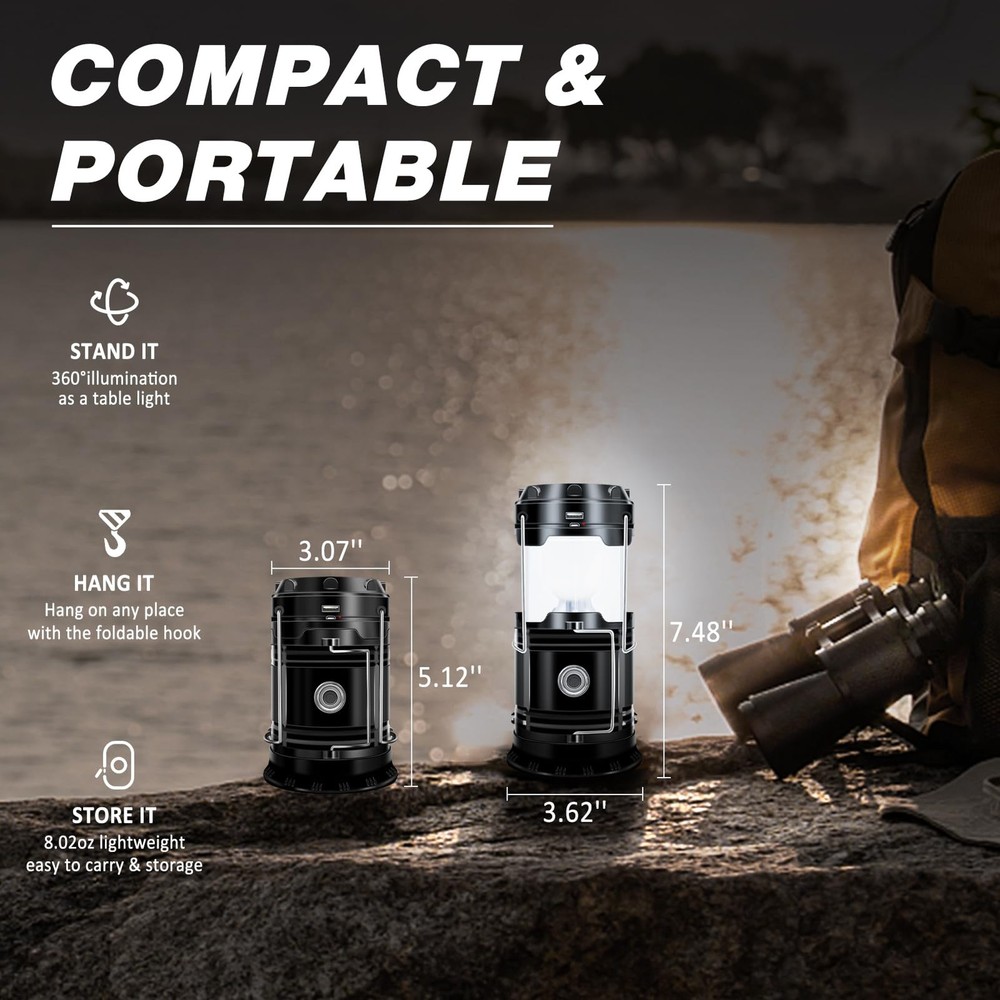 DIBMS Solar Camping Lantern, Collapsible LED USB Rechargeable White
