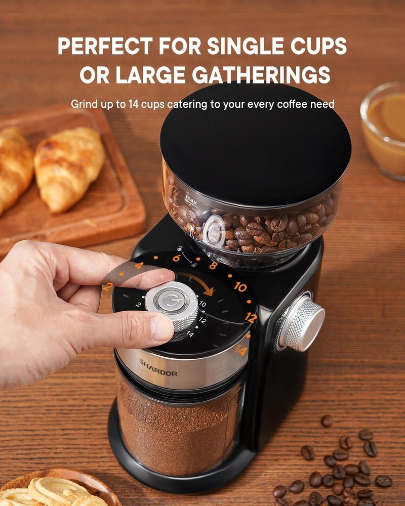 Durable Black Electric Coffee Grinder - 16 Adjustable Settings, Removable Burr
