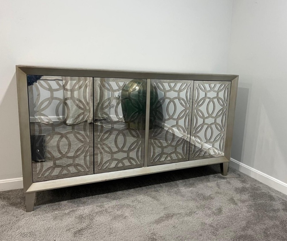 Modern Geometric Mirrored Glass Cabinet, 4 Doors, Silver, Rectangular, AF2566HG