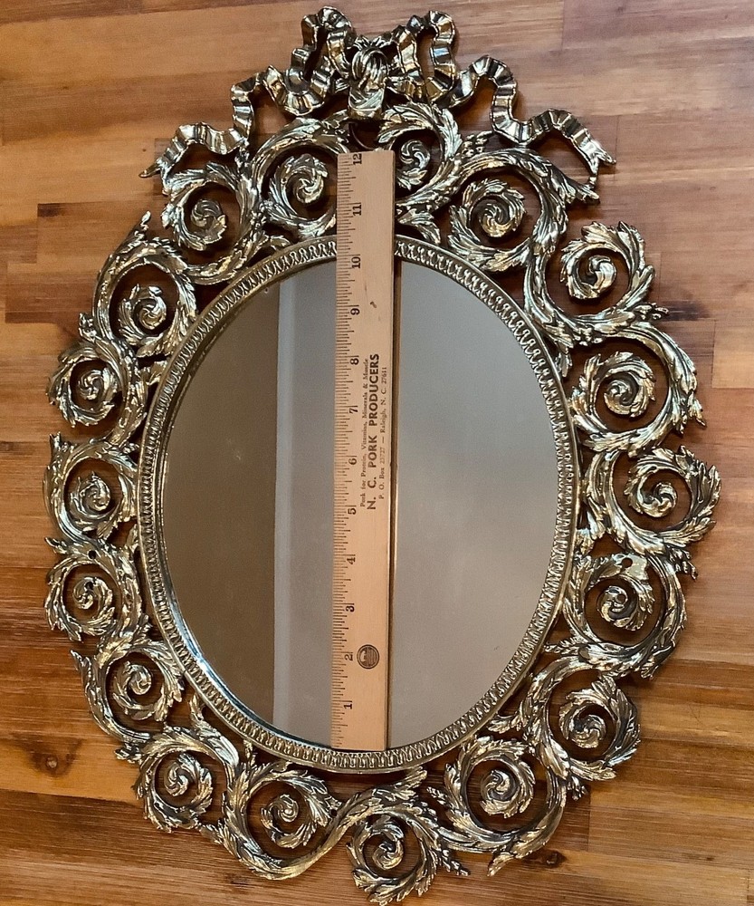 Ornate Victorian Solid Brass Oval Wall Mirror Bow & Laurel Rosettes 18” x 14.5”