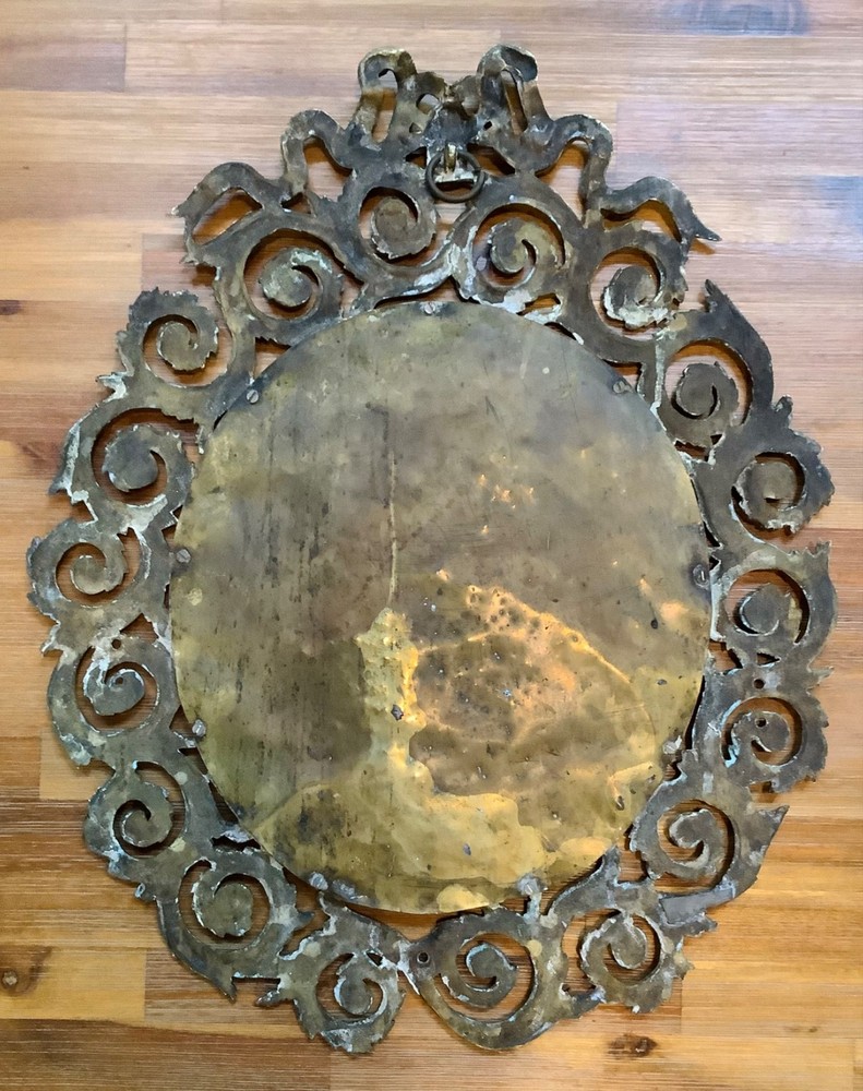 Ornate Victorian Solid Brass Oval Wall Mirror Bow & Laurel Rosettes 18” x 14.5”