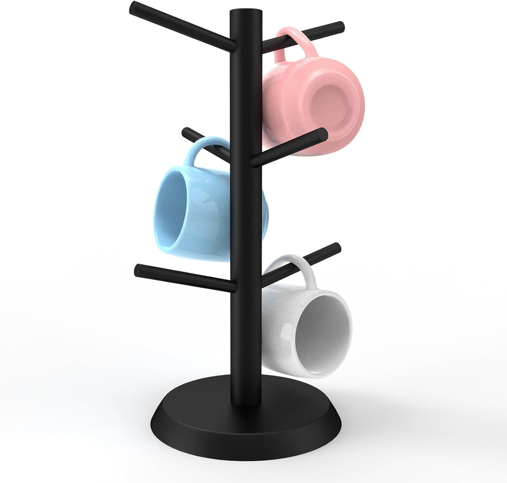 Black Coffee Mug Holder, Non-Slip Cup Tree with 6 Hooks for Counter, Rack (Black