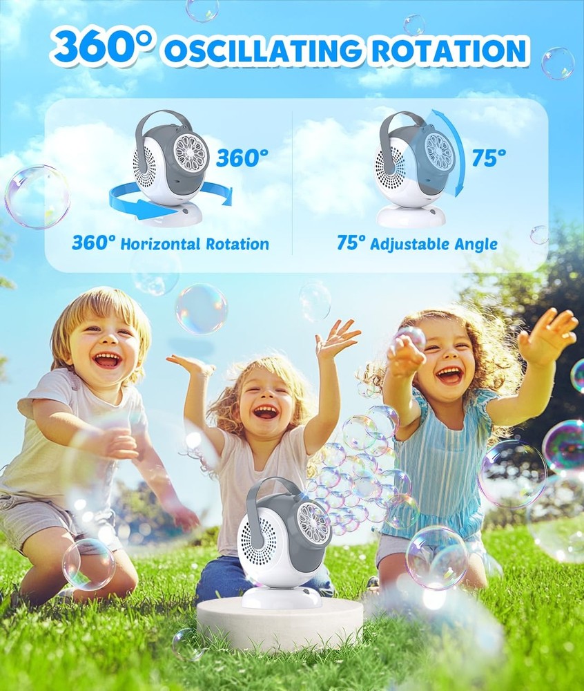 Rechargeable Bubble Machine - Auto 360° Rotation, 75° Tilt Range, 10 Large Wa...