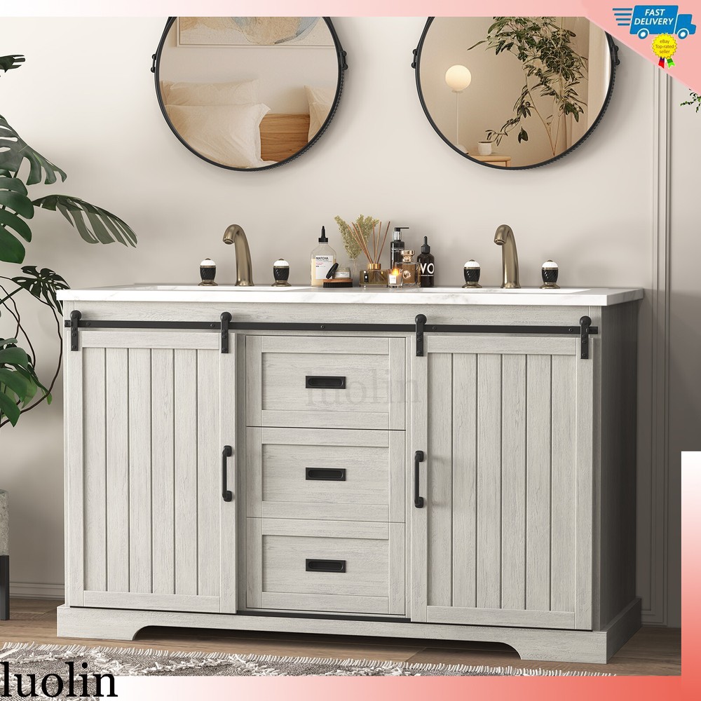 54" Bathroom Vanity Storage with Ceramic Double Sink Combo Marble Countertop