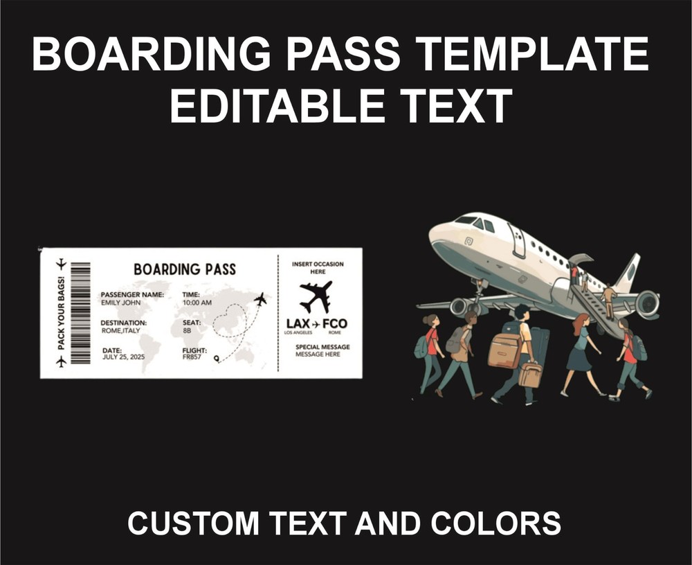 Boarding Pass Template, Editable, Custom Text and Color
