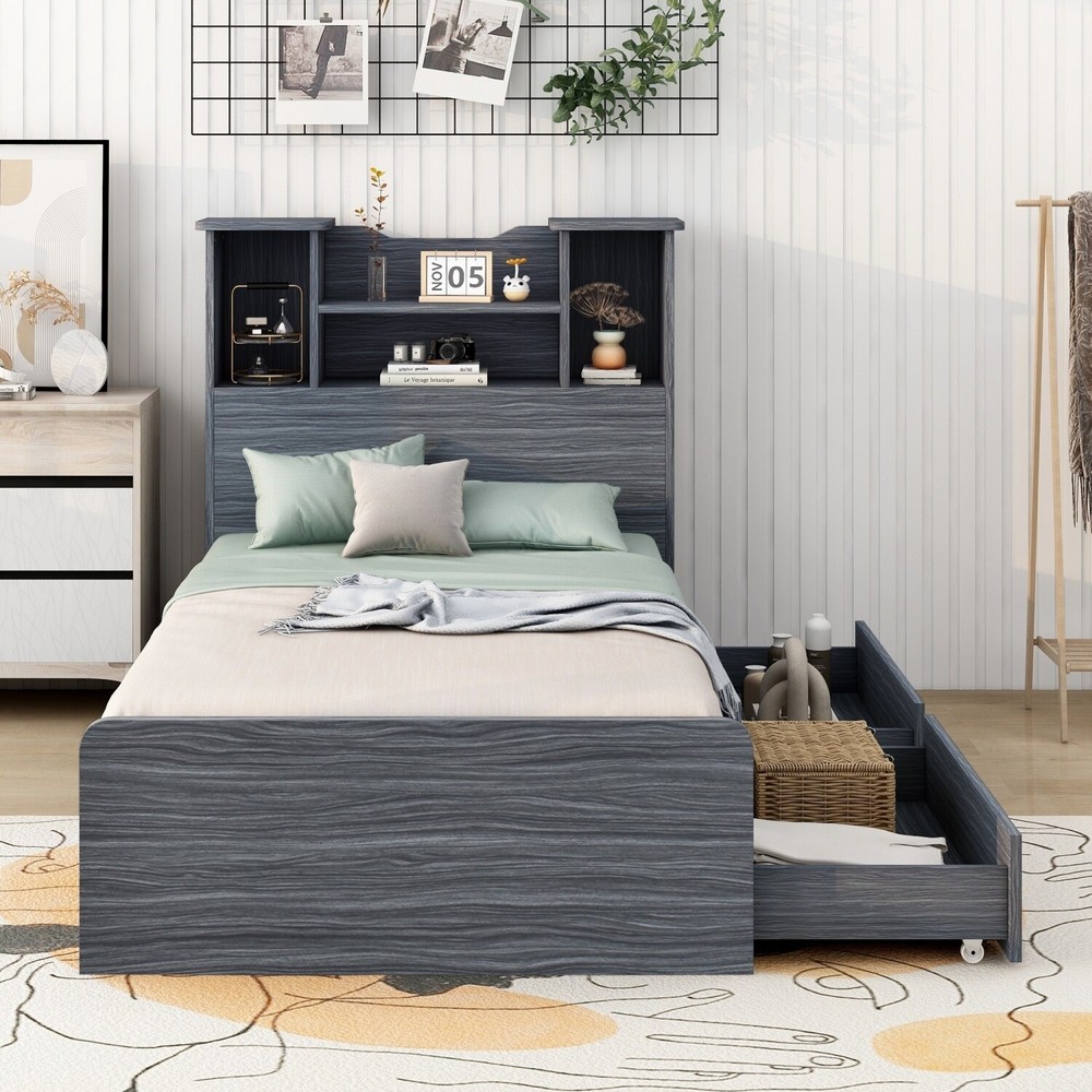 Twin Size Bed Frame Wood Platform Bed with Storage Shelf & Drawer & LED Light US