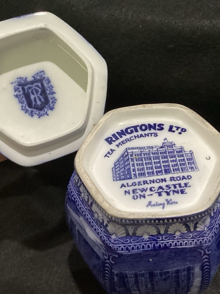 Rington's Maling Ware Tea Caddy England - Cathedrals 1929 Blue Transfer Ware @FS