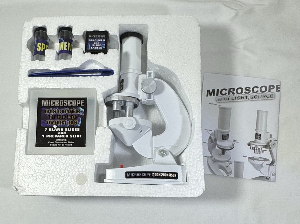 Stem White Microscope Kit W/ Light Source 100, 200, 450 Magnification Complete