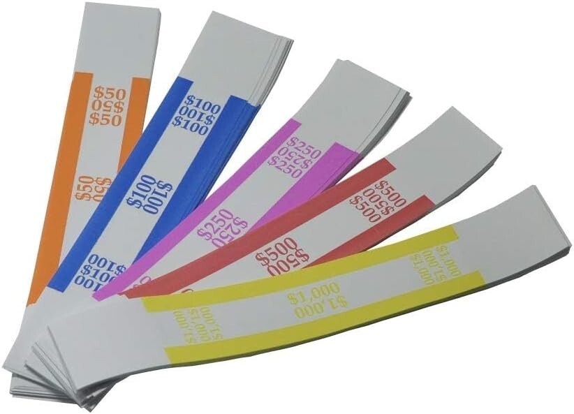 250 Count Durable Self-Adhesive Money Straps - Quick Denomination Identification