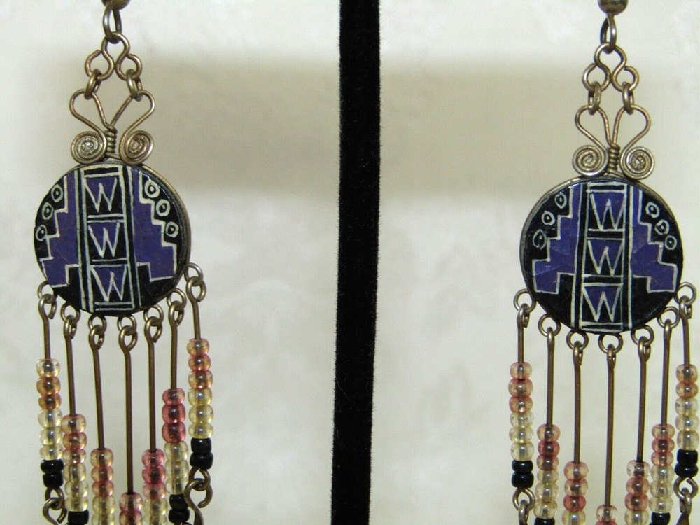 Handmade Hand Painted Boho Beaded Drop Dangle 3.5" Hook Earrings