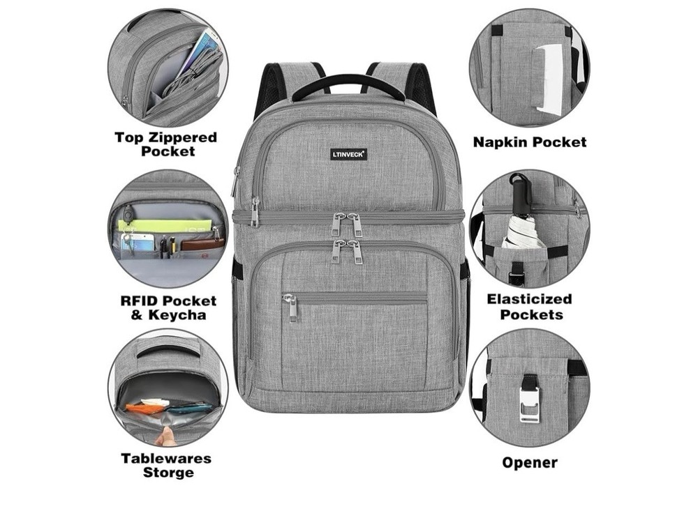 Cooler Backpack Insulated Backpack Cooler Leakproof Double Deck Cooler Bag Grey