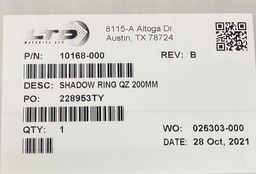 Applied Materials 200mm Quartz Shadow Ring Part No. 10168-000