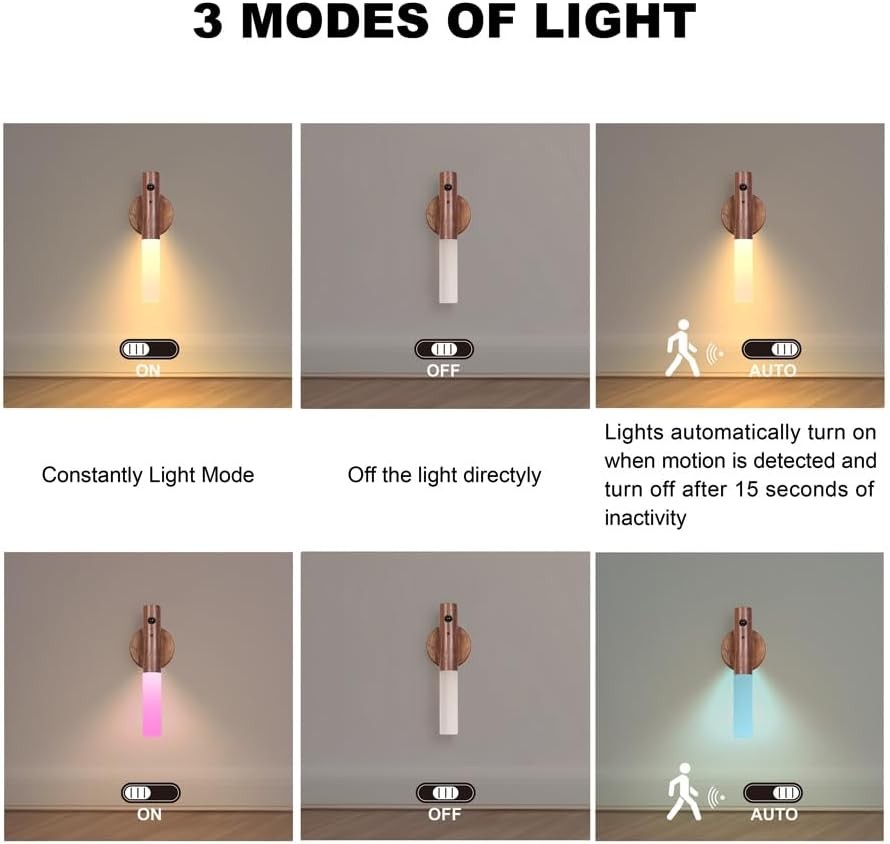2 Pack Walnut Night Lights with Motion Sensor & RGB Touch Control | USB-C