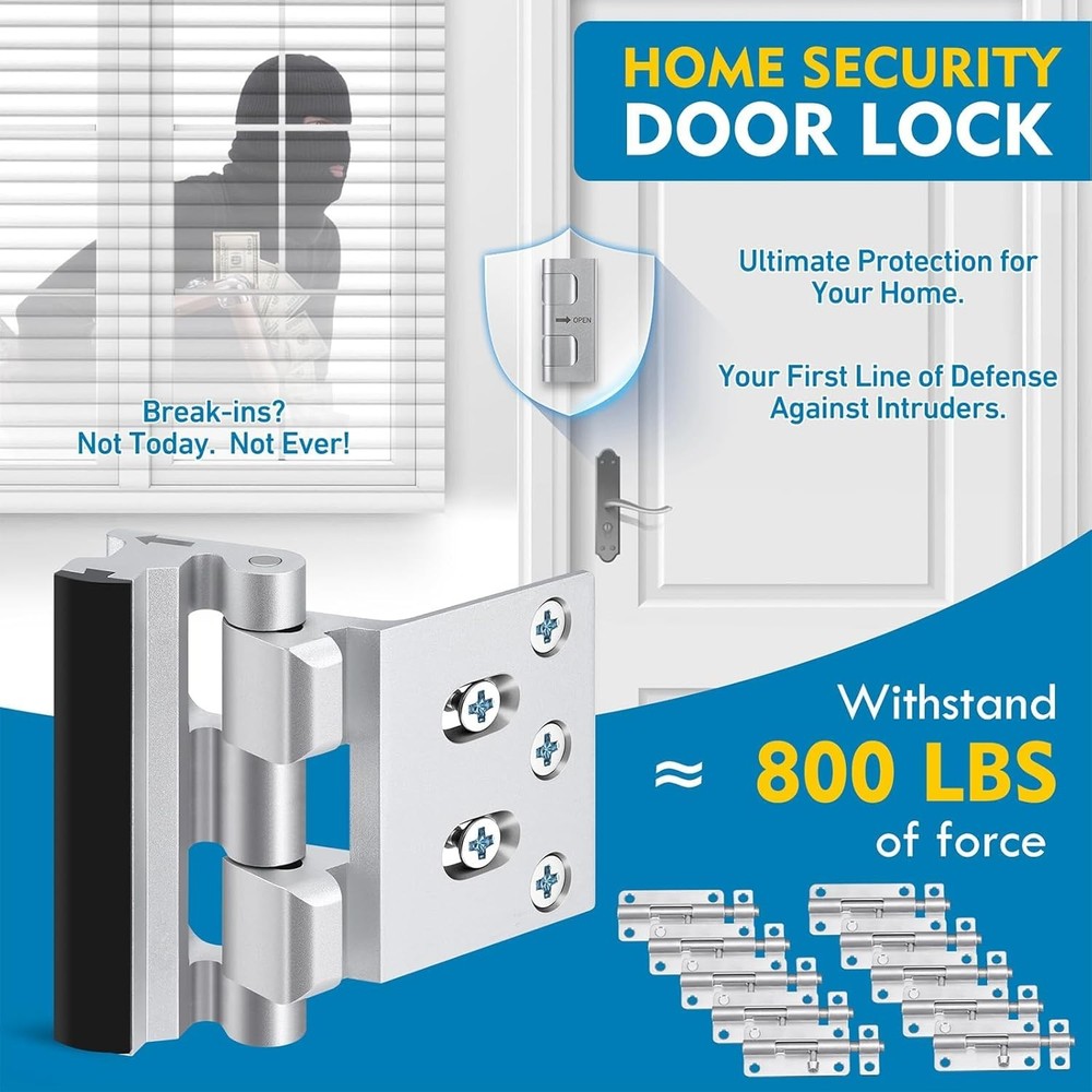 Home Security Door Reinforcement Lock, 800 lbs Force for Front 1 Pack, Silver