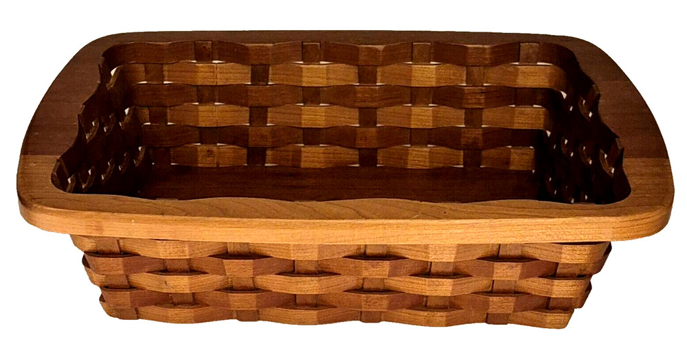 Handcrafted Signed Woven Wood Rectangular Basket Lacquered Finish 12.5x8x3.5"