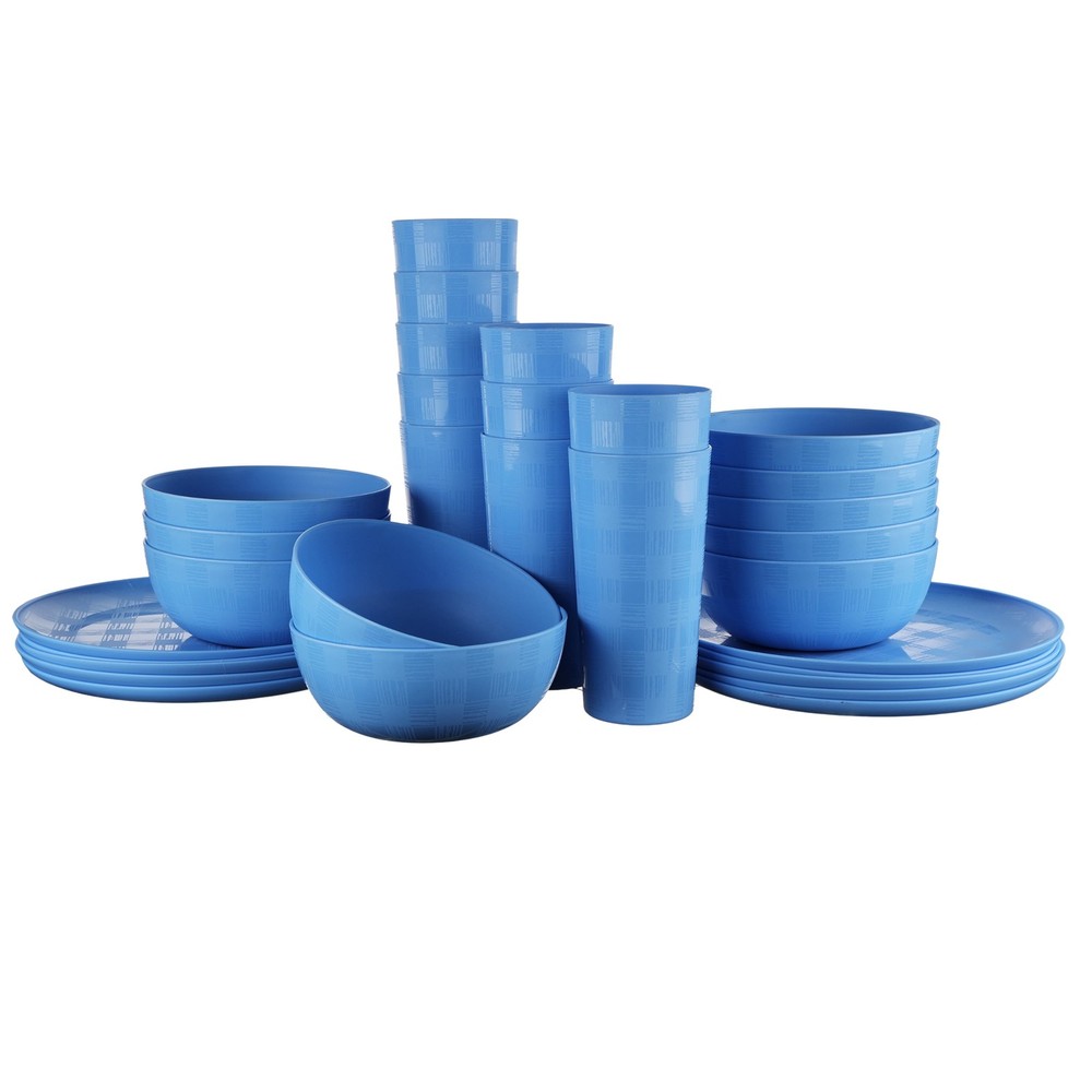 Blue Etched Checkered Plastic Dinnerware Set 30 Piece Service for 10 Includes