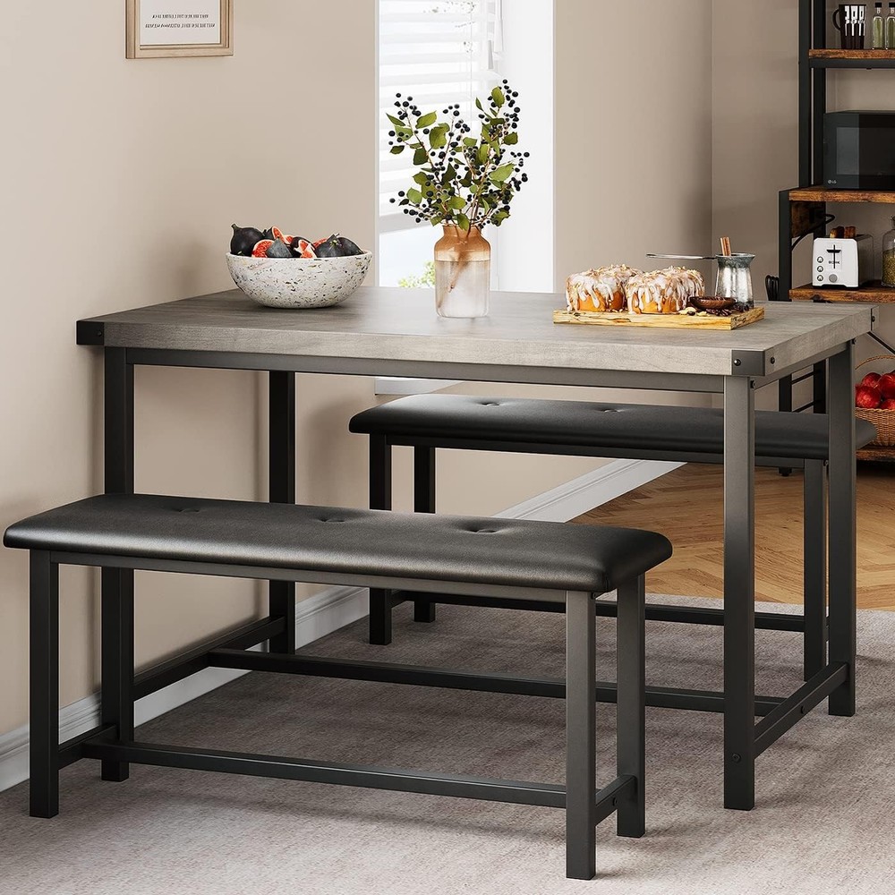 Black Dining Set Kitchen Room Table Set Dining Table and 2 Leather Benches Grey