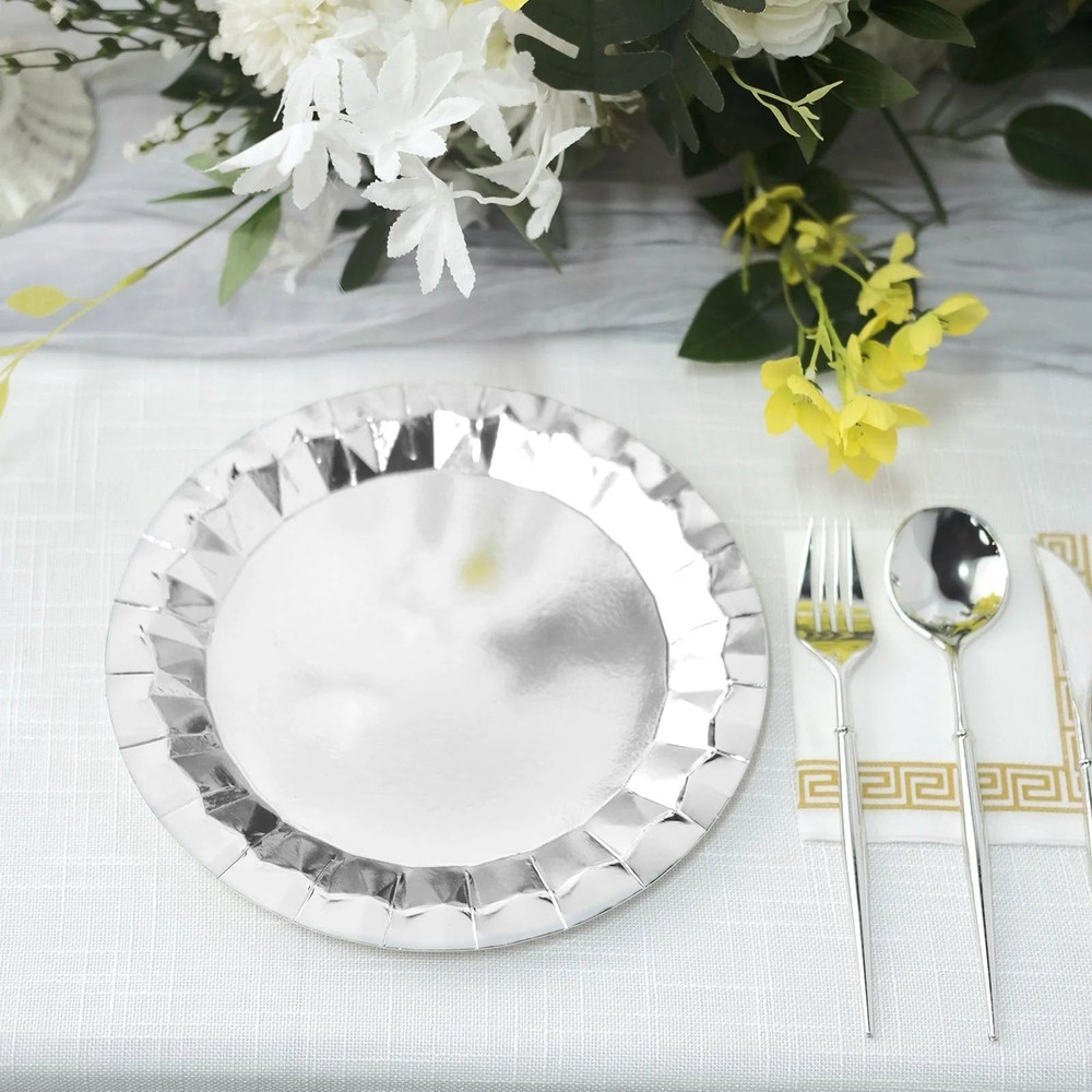 25 SILVER 9" Metallic Round Paper Salad Dinner Plates Geometric Design Tableware