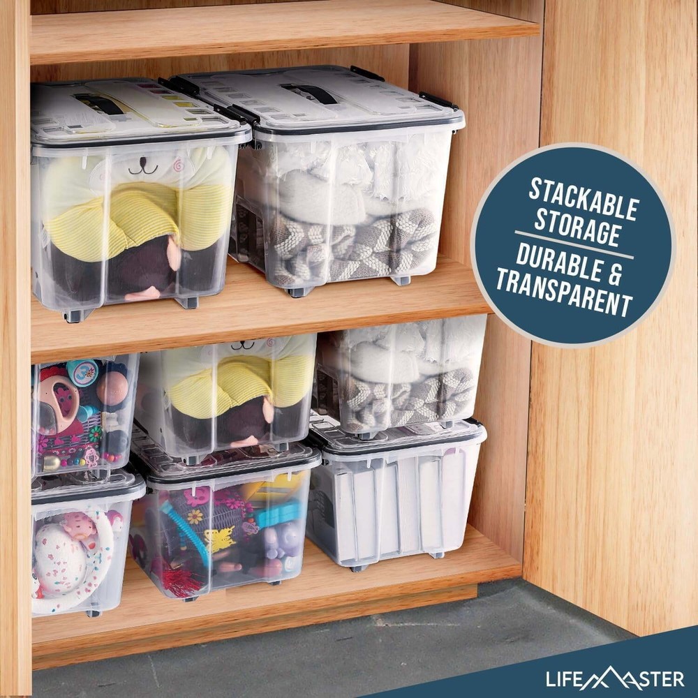 Stackable Storage Box Set Nestable Design Secure Latches Wheels & Pull-Out Base