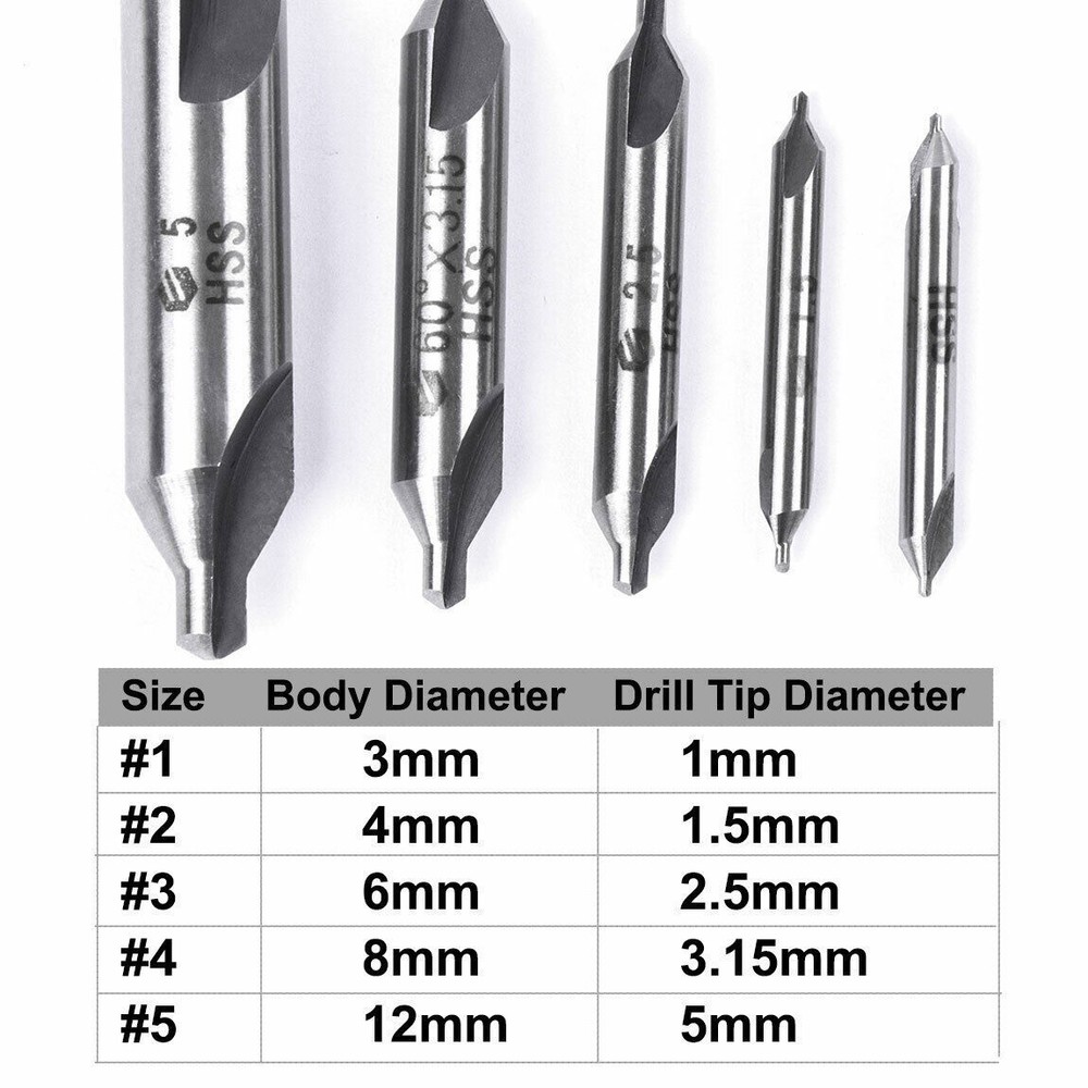 5pcs 1mm-5mm Center Drill Countersink Set 60° Angle Bits HSS Lathe Mill Press