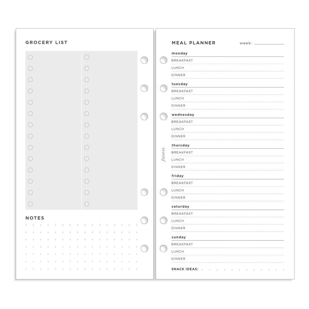 Filofax Organizer Refill, Personal Size, Meal Planner Pack, White Paper,
