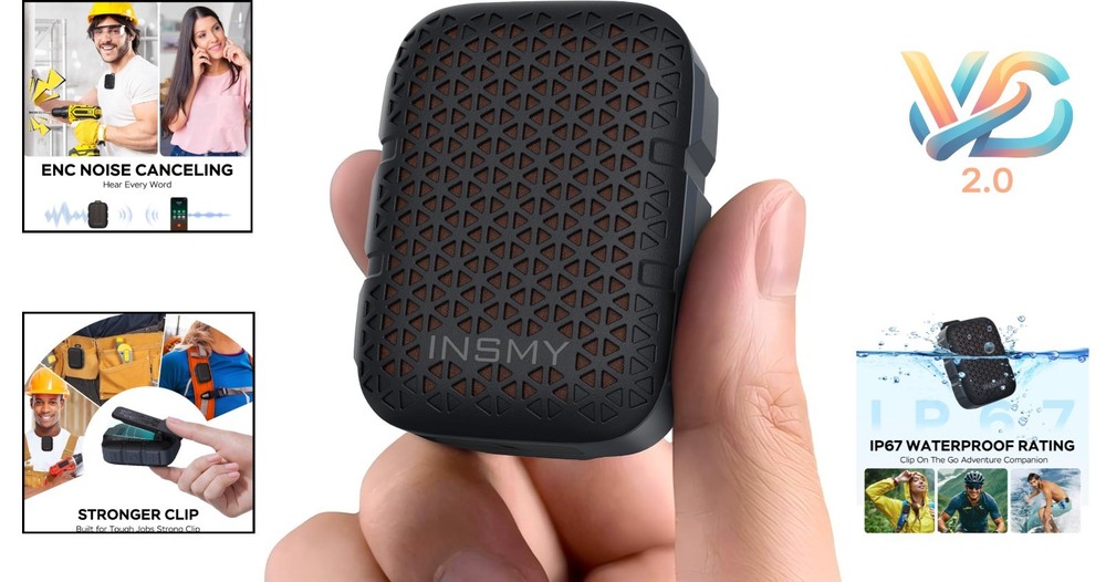 Waterproof Bluetooth Clip-On Speaker Wireless Stereo Mic Light Compact Black