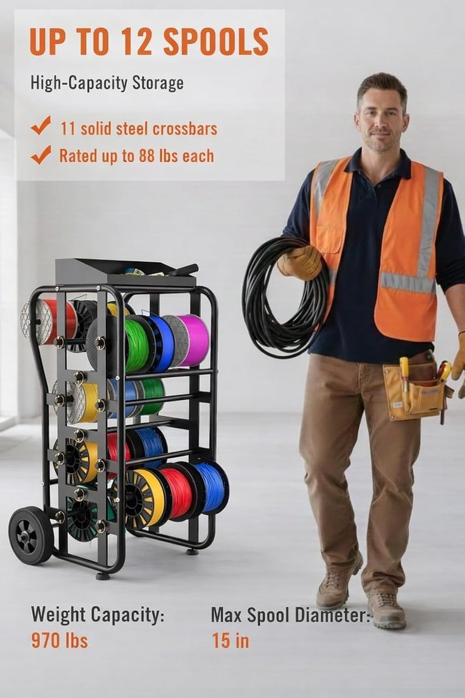Wire Spool Rack with Wheels, Heavy Duty Cable Caddy & Wire Dispenser Organize...