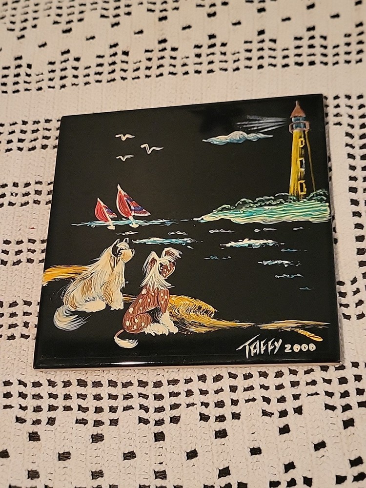 Hand Painted Dog Ceramic Tile 6" Square Multicolor 2000 Y2K Lighthouse Signed