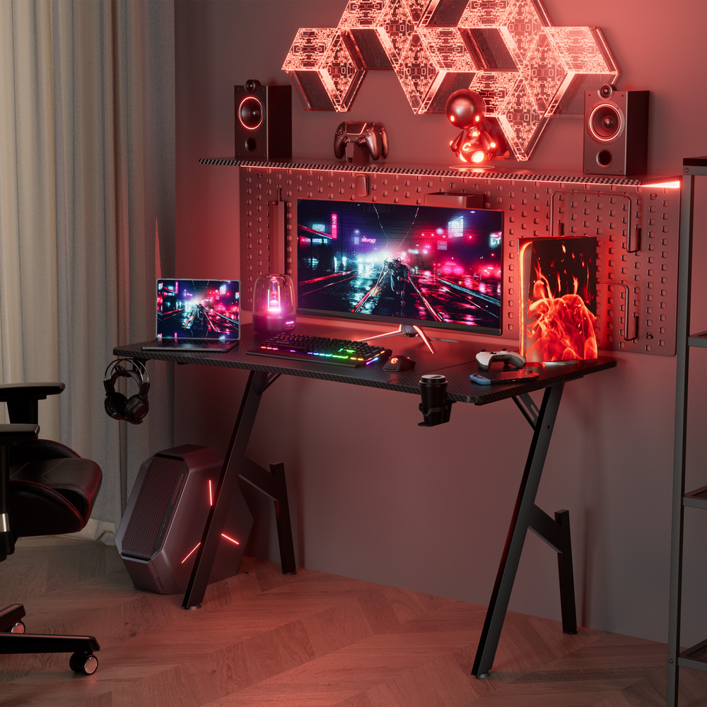 55 inch Computer Desk with Headphone Hook & Cup Holder, Ergonomic Gaming Table