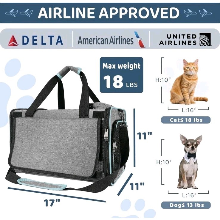 Cat Carrier American, United, Delta Airline Approved/Soft-Sided Medium, Grey