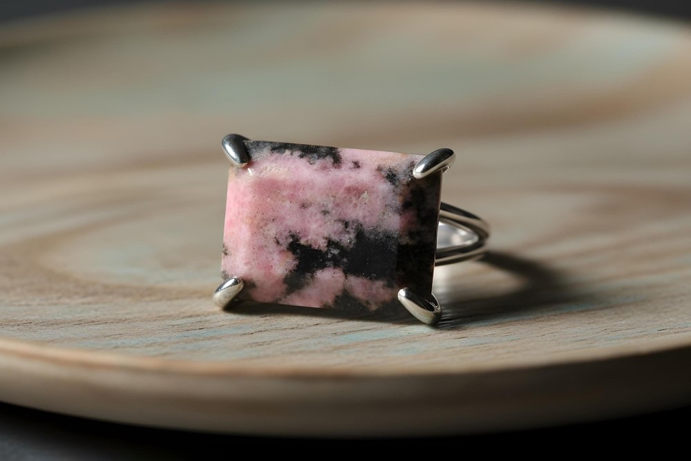 Rhodonite Rectangle Ring Anemone 14k Gold Emerald Cut Double Band