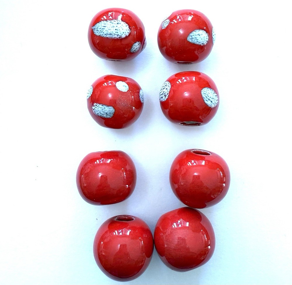 Vintage Macrame Beads Glazed Ceramic Red Solid & Dotted Lot Of 8
