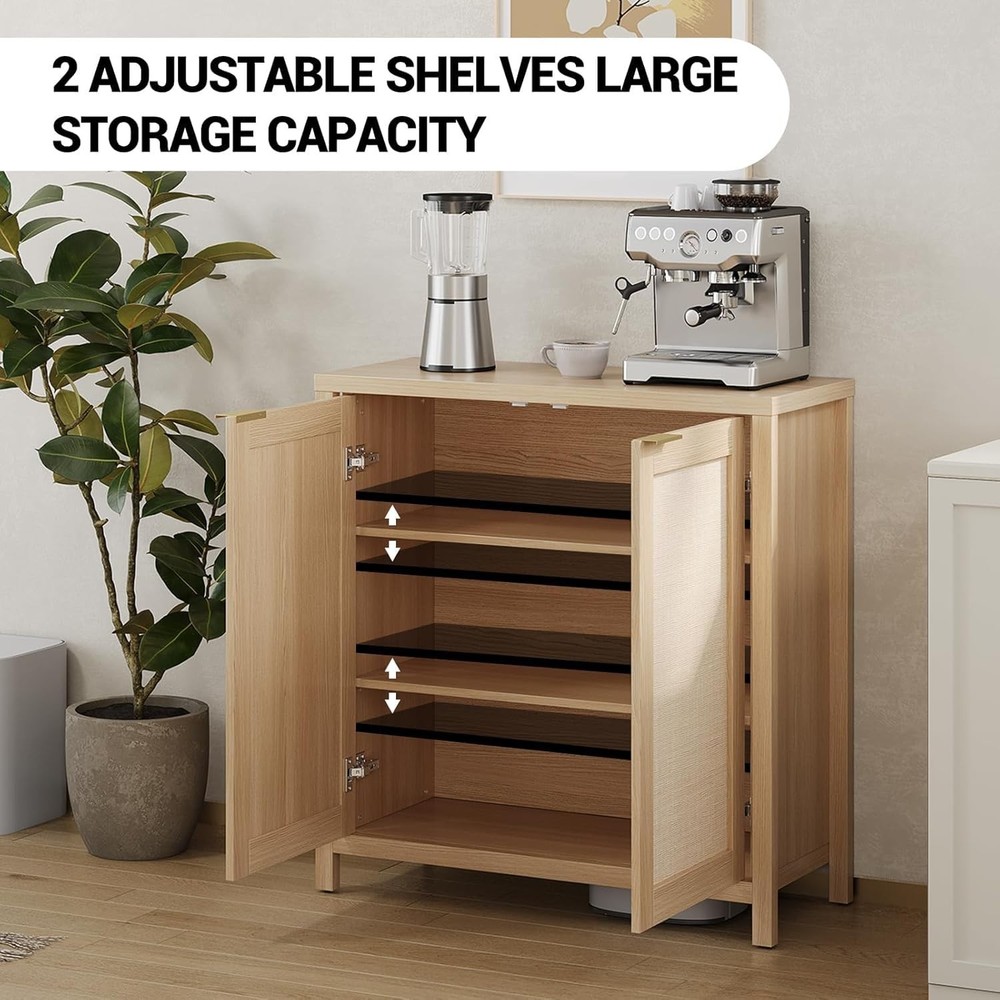 Rattan Sideboard Buffet Cabinet W/ Large Storage & Adjustable Shelves Boho