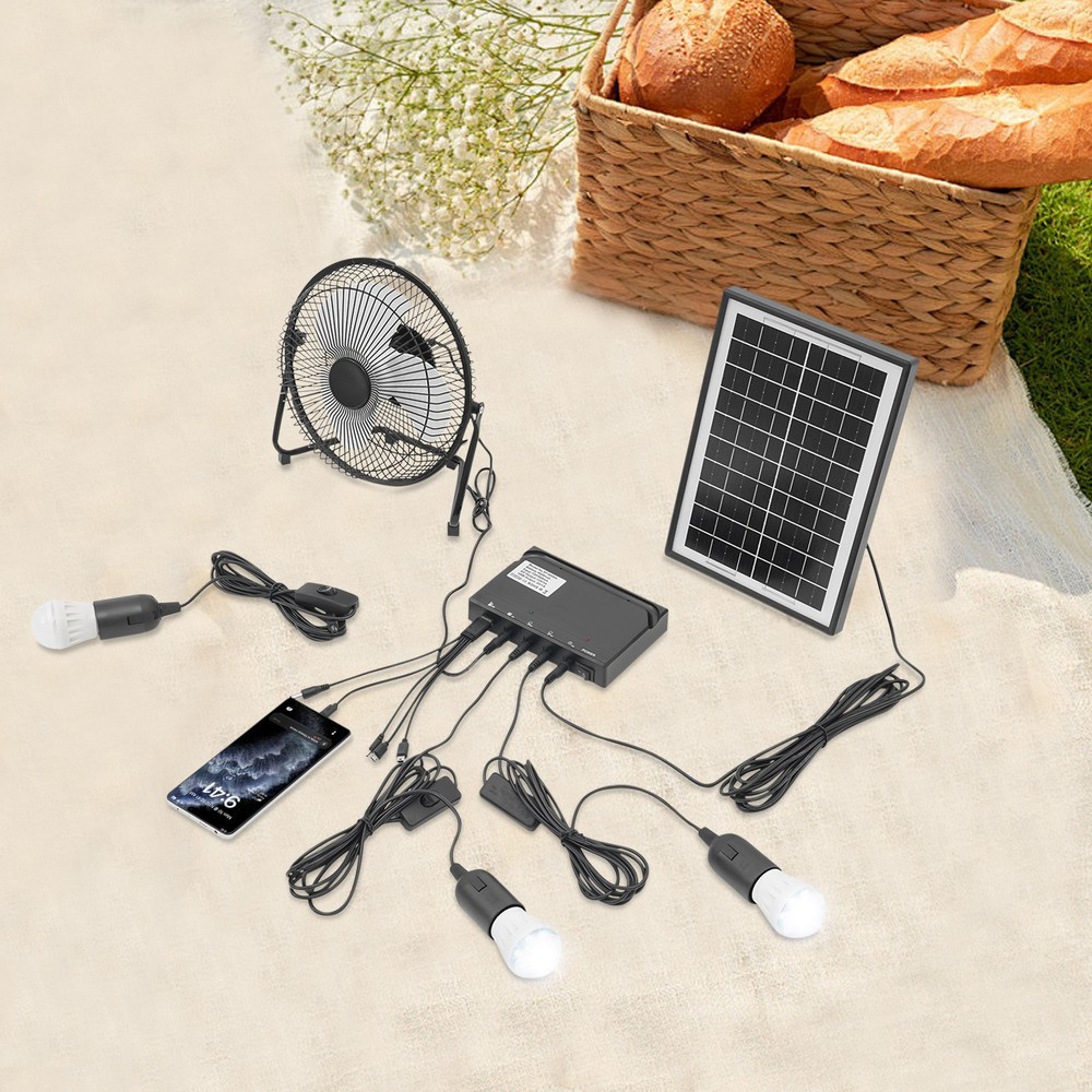 12 Volt Outdoor multi-purpose Solar Panel Kit Lighting System with 3×Bulbs & Fan