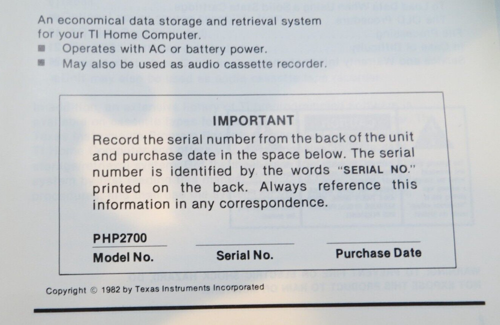 TEXAS INSTRUMENTS PROGRAM RECORDER PHP2700 owners manual instruction reference