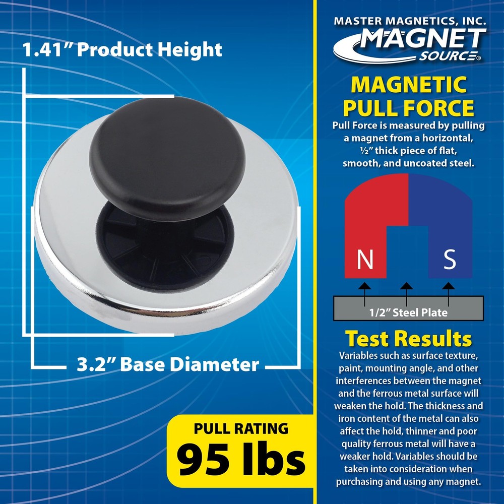 Master Magnetics Ceramic Round Base Magnet with Knob Pack - Heavy-Duty Silver