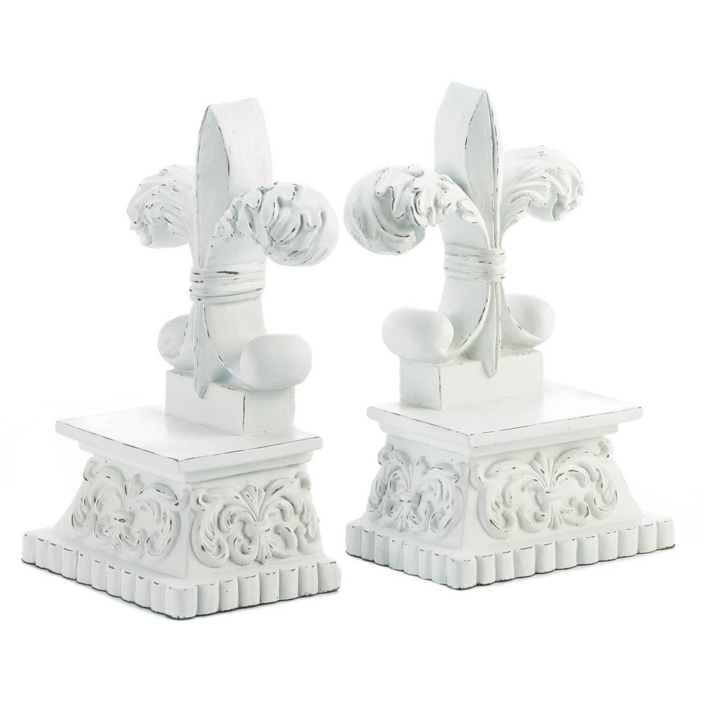 Distressed White Fleur-De-Lis Bookends Home Library Decor