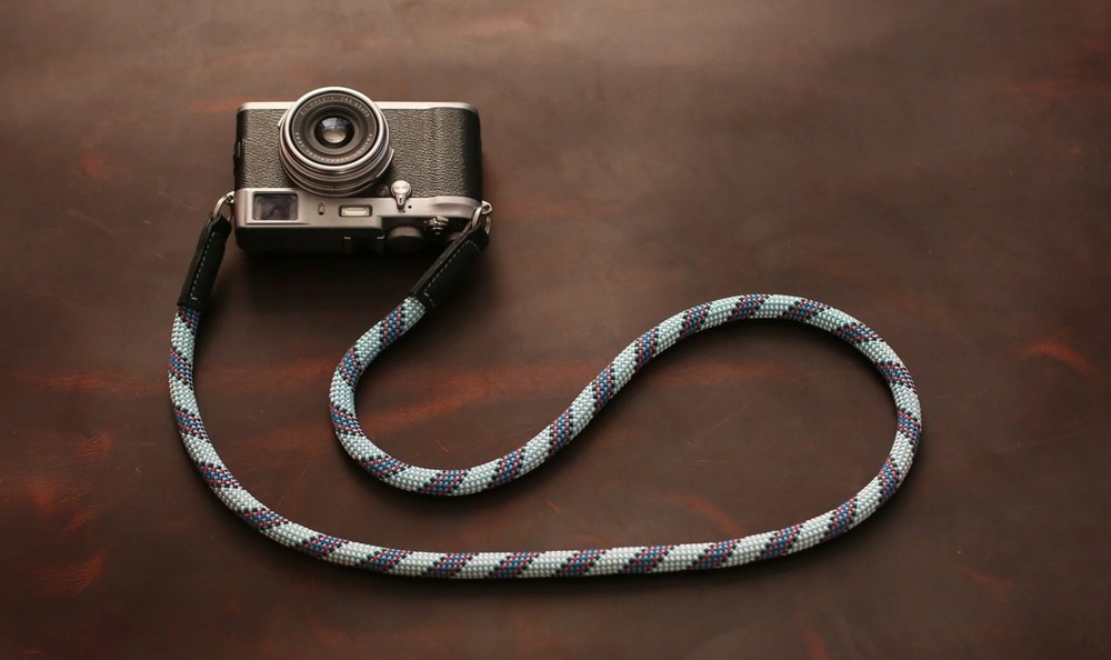Windmup Blue Pattern Rope Camera Strap – Handmade Climbing Rope & Black Leather