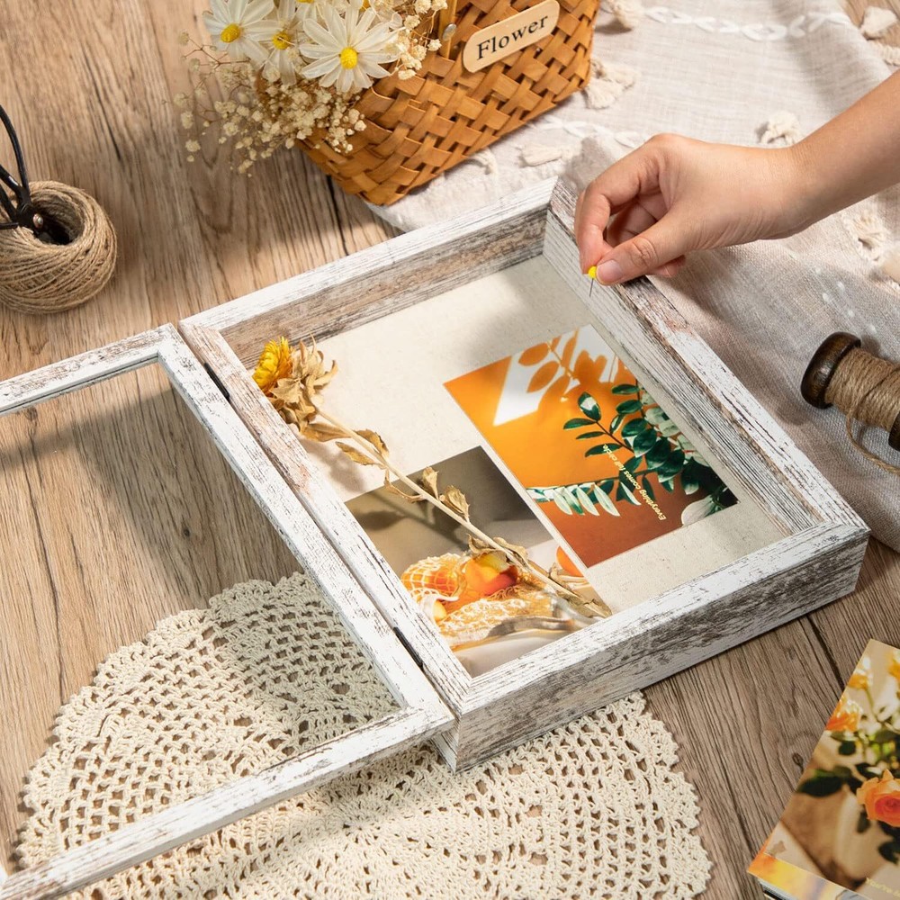 Shadow Box Frame with Linen Back - Sturdy Rustic Memory 8x10 Distressed White