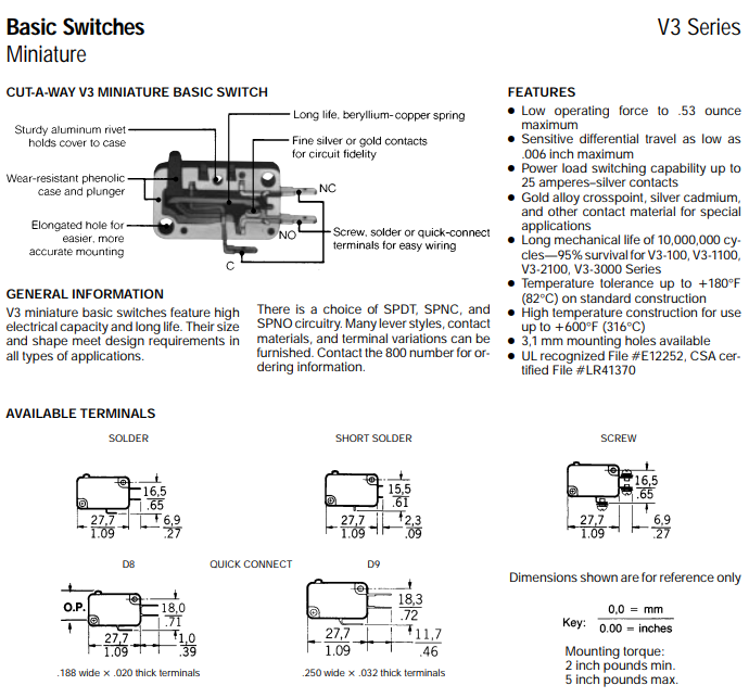 Honeywell/Microswitch - V3L-235-D8 Switch, Micro, Lever, SPDT.