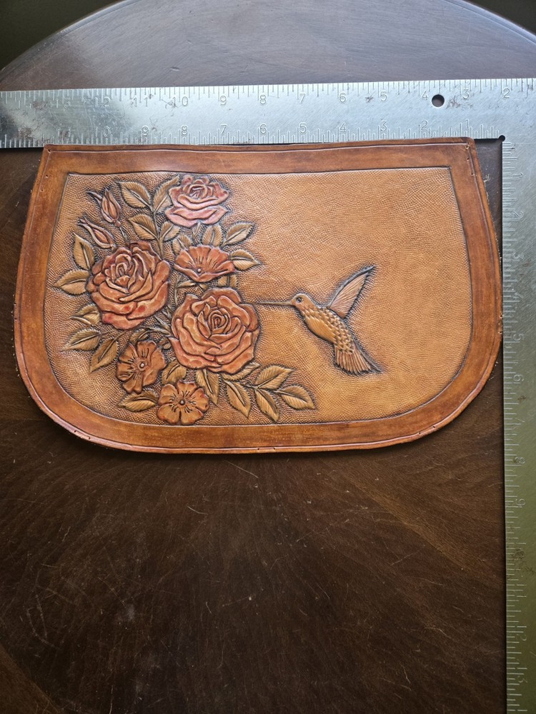 Tooled Leather Hummingbird Roses Panel