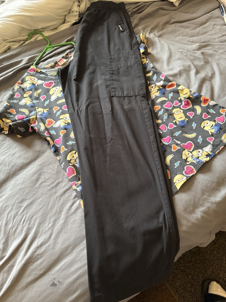 Cherokee Minions Patterned Women's Scrub Top & Black Pants Set