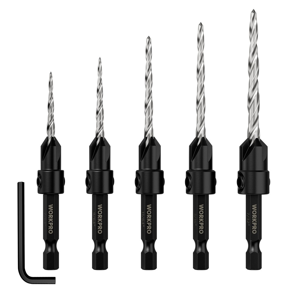 WORKPRO 5-Pack Countersink Drill Bit Set Adjustable with Included Hex Key New